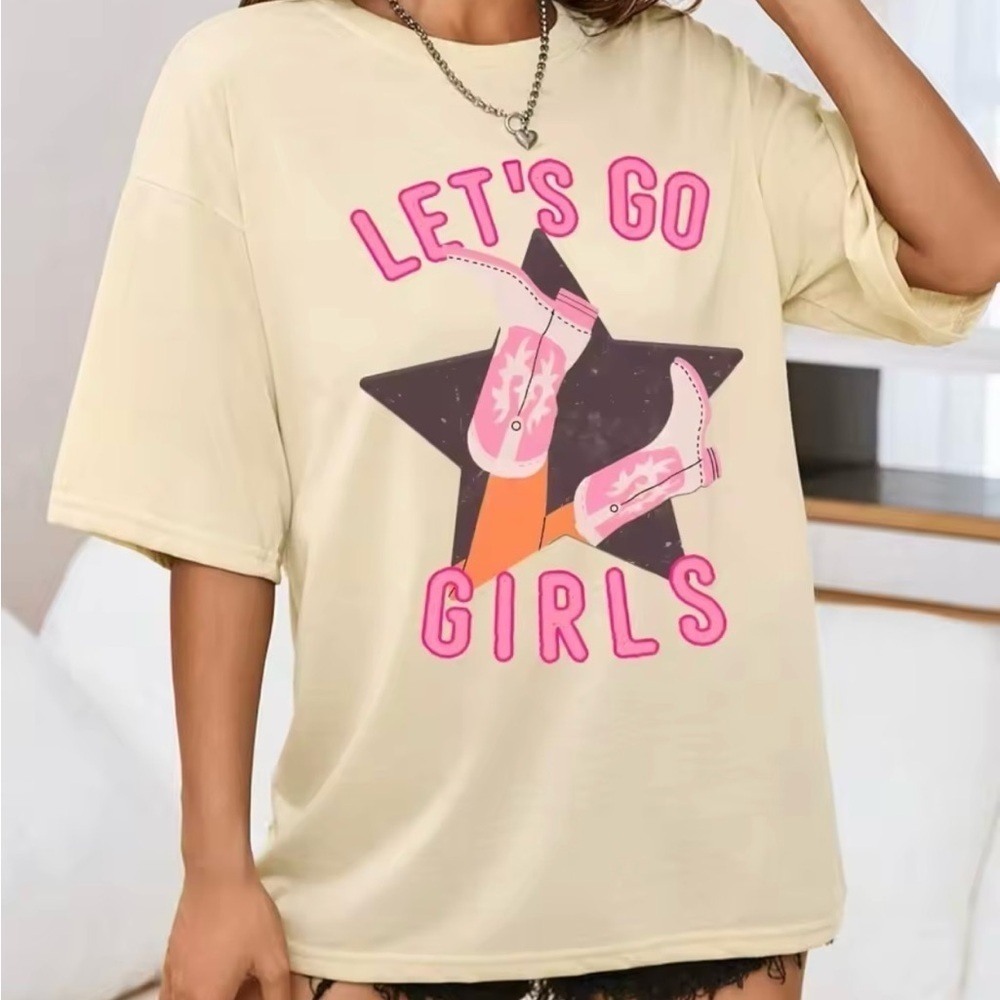 LAST 1!  XL “Let’s Go Girls” Beige/Pink Cotton, Country Vibes Cute Tees! - Picture 4 of 5